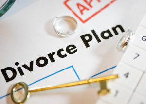 Divorce plan with rings, key and calculator